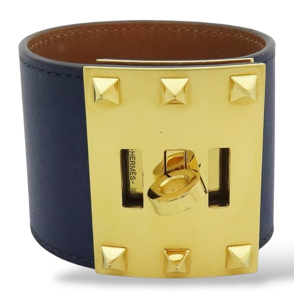 HERMES Kelly Extreme Dog Calfskin Blue R Stamp Gold Plated Wide Cuff Bracelet - Picture 11 of 15